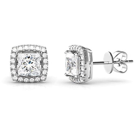 Amy and Annette Halo Stud Earrings with Crystals, 4ct, Sterling Silver