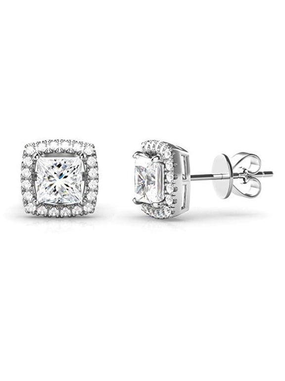 Amy and Annette Halo Stud Earrings with Crystals, 4ct, Sterling Silver