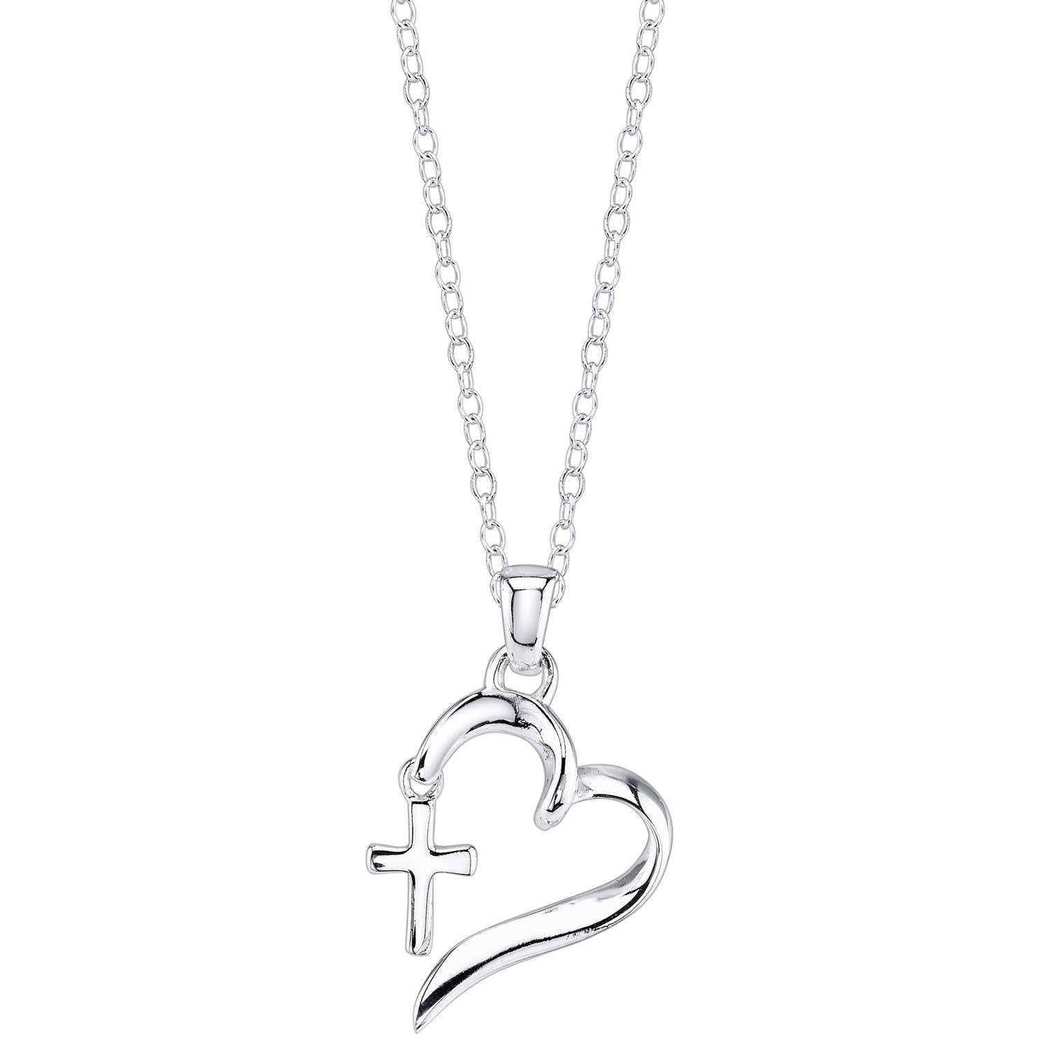 AMY AND ANNETTE 18K White Gold over Sterling Silver Cross and Heart Pendant Necklace