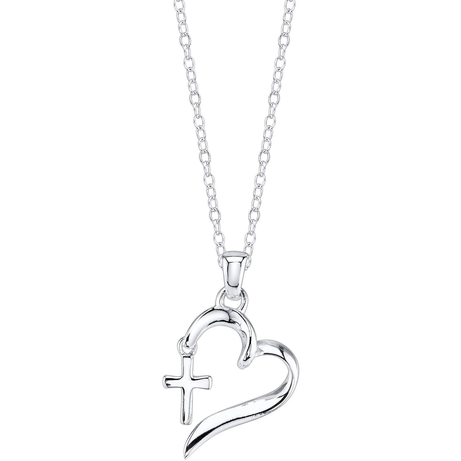 AMY AND ANNETTE 18K White Gold Plated Cross and Heart Pendant Necklace