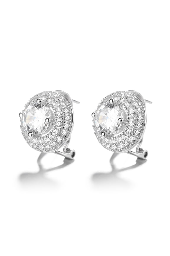 Sterling Silver Double Halo Omega Stud Earrings With Swarovski Crystals