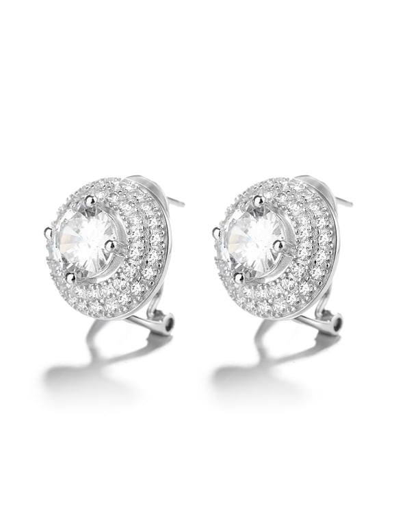Amy and Annette Sterling Silver Double Halo Omega Stud Earrings With Simulated Diamonds