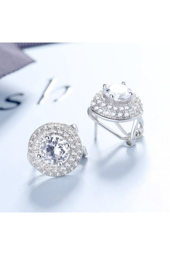 Sterling Silver Double Halo Omega Stud Earrings With Swarovski Crystals