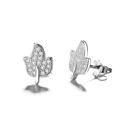 Amy and Annette Sterling Silver Leaf Stud Earrings with Clear Crystals