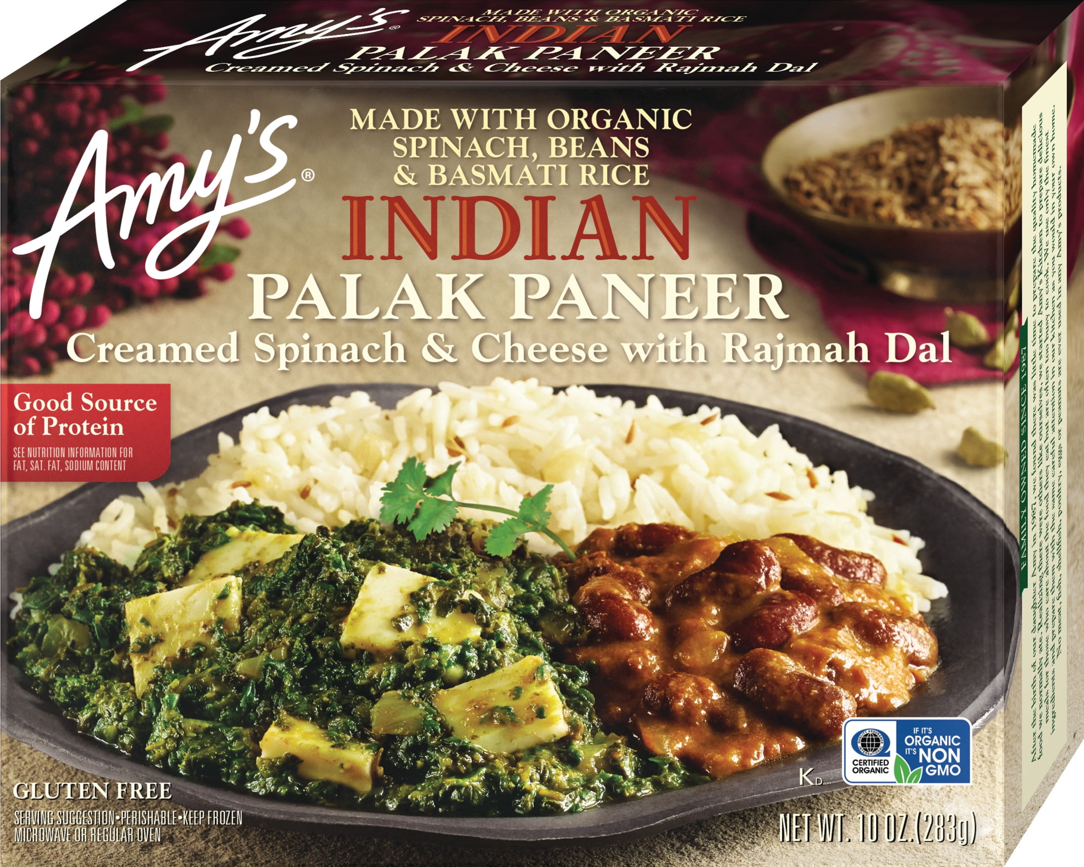 Amy's Frozen Meals, Indian Palak Paneer, Microwave Meals, 10 oz