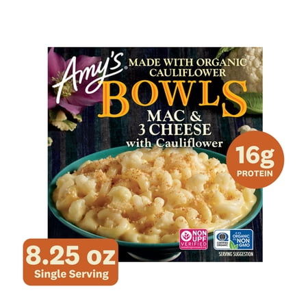 Amy's Frozen Meals, Mac and Cheese, Mac & 3 Cheese With Cauliflower Bowl, Microwave Meals, 8.25 oz