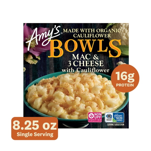 Amy's Frozen Meals, Mac and Cheese, Mac & 3 Cheese With Cauliflower Bowl, Microwave Meals, 8.25 oz