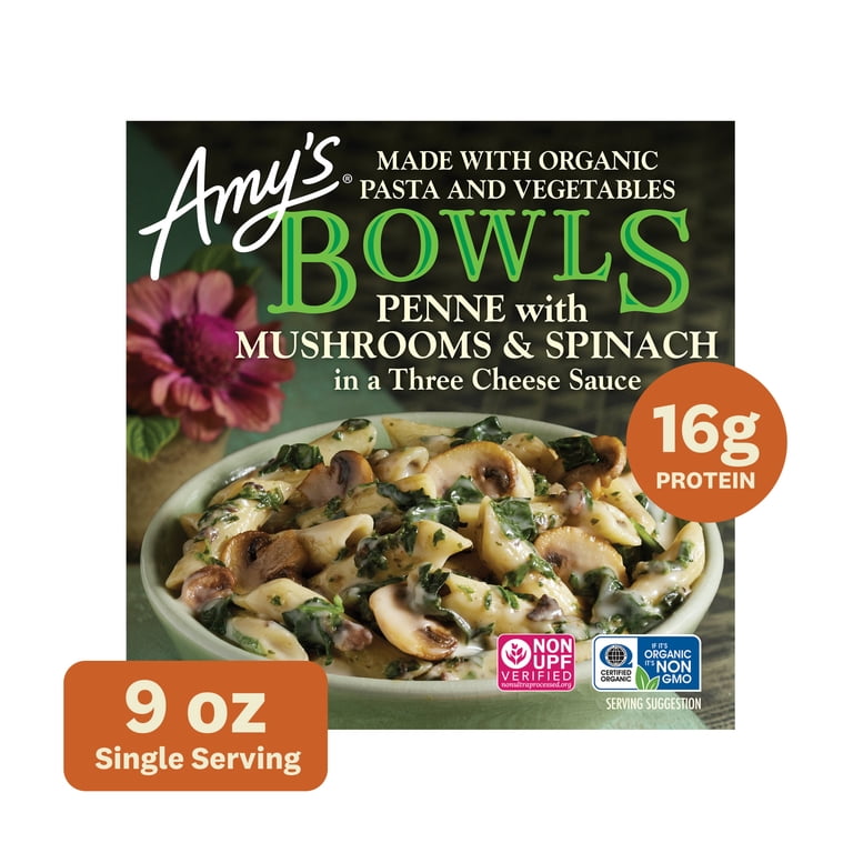 Amy's Frozen Meals, Mushroom Spinach Penne Bowl, Microwave Meals, 9 oz