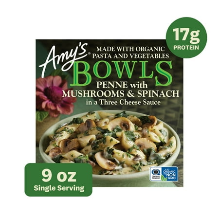 Amy's Frozen Meals, Mushroom Spinach Penne Bowl, Microwave Meals, 9 oz