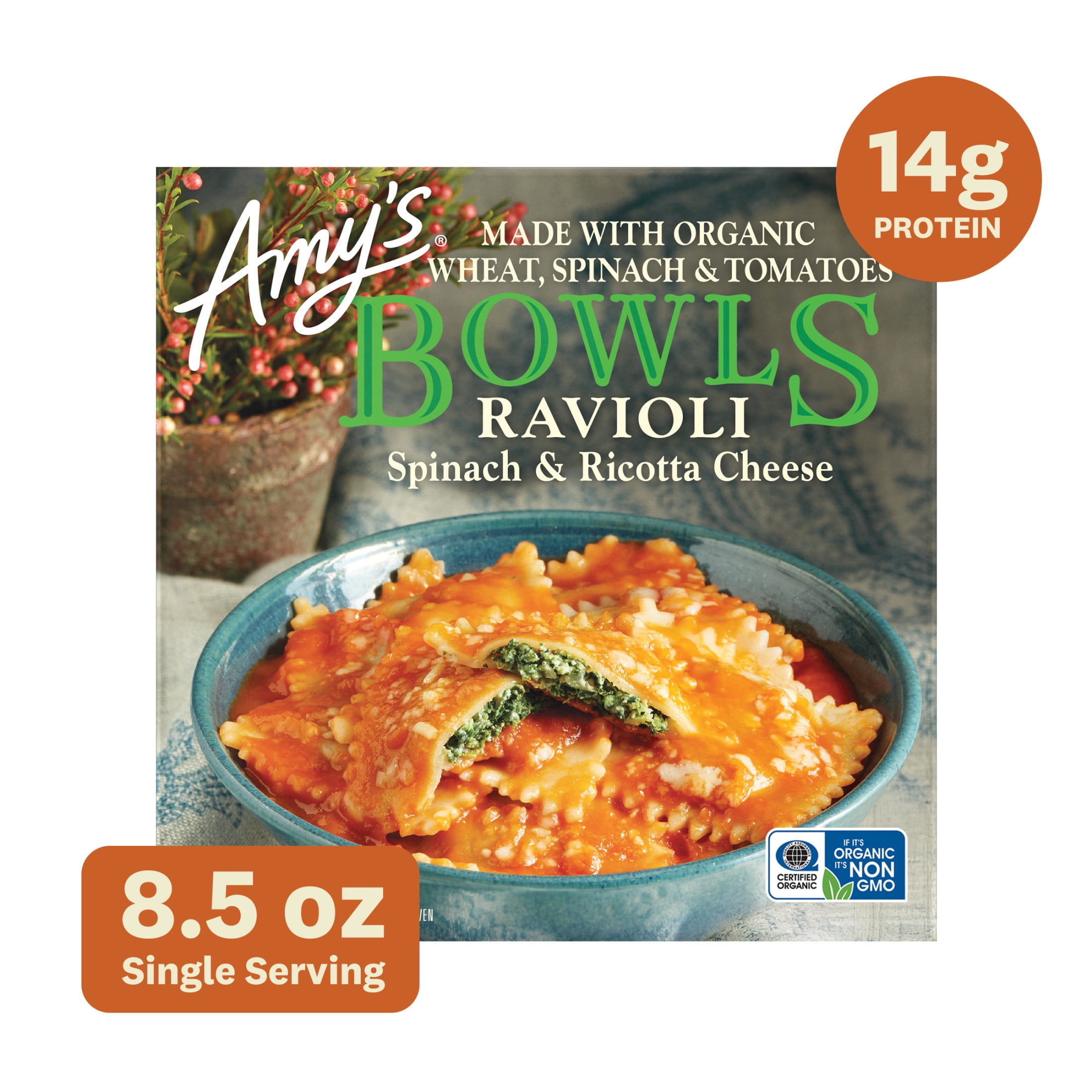 Amy's Frozen Meals Spinach Ravioli Bowl 8.5 oz Microwave Meal with ...