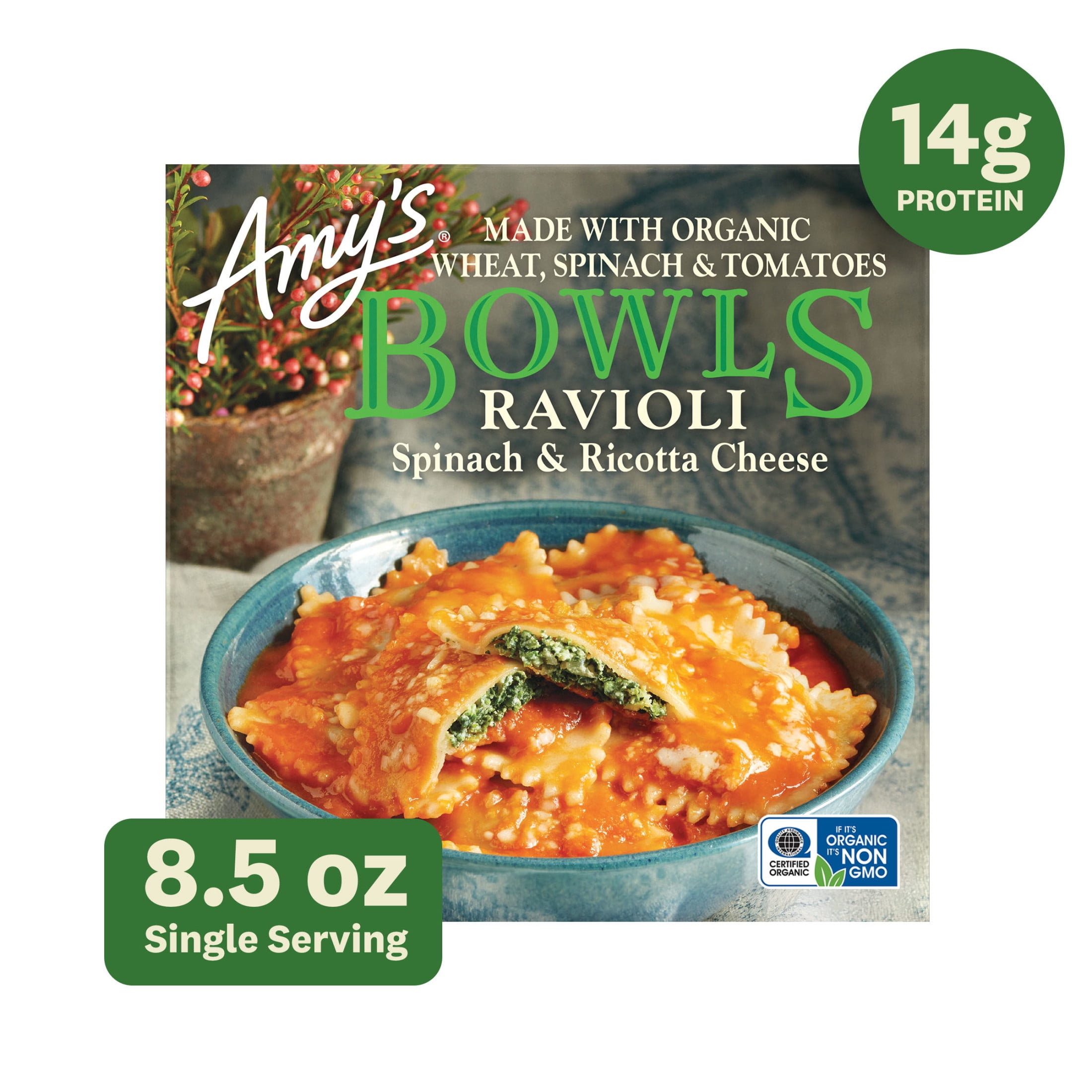 Mircowave Raviloi Amy's Frozen Meals Spinach Ravioli Bowl 8.5 oz Microwave Meal with ...