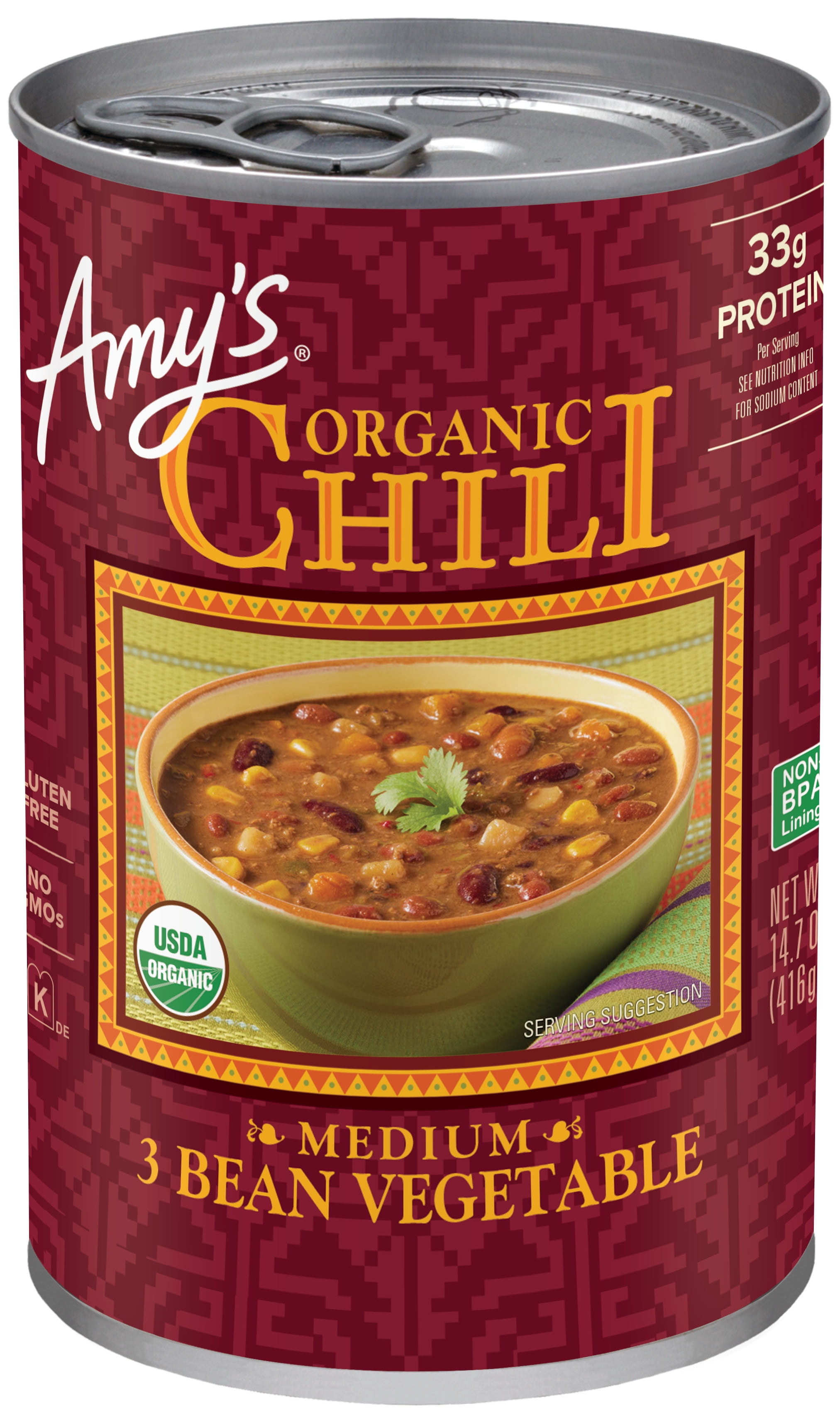 Amy's Kitchen Organic 3 Bean Vegetable Chili, Plant-Based Vegan Chili, Gluten Free, Canned Chili, 14.7 oz