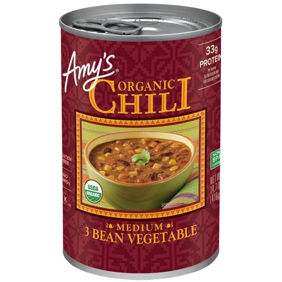 Amy's Kitchen Organic 3 Bean Vegetable Chili, Plant-Based Vegan Chili, Gluten Free, Canned Chili, 14.7 oz