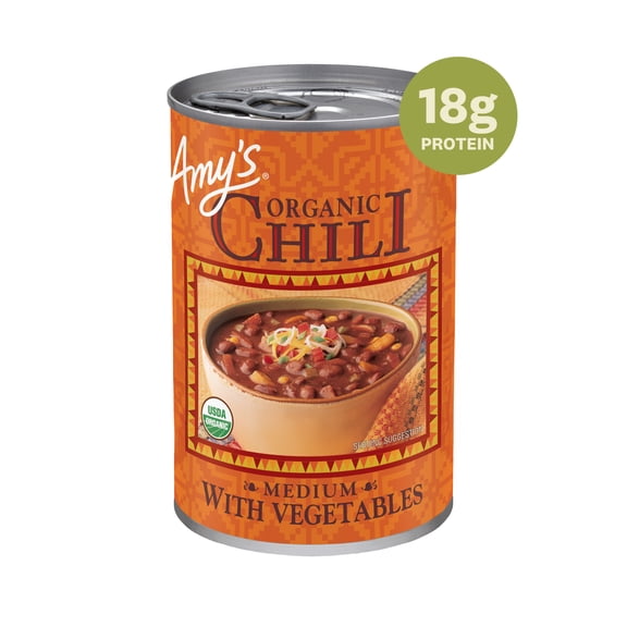 Amy’s Organic Medium Chili with Vegetables, Plant-Based Vegan Chili, Gluten Free, Made With Organic Red Beans and Tofu, Canned Chili, 14.7 Oz