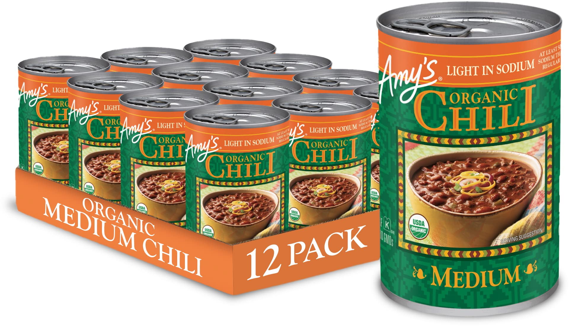 Amy's Organic Chili, Vegan Medium Chili, Light in Sodium, Gluten Free, Made With Organic Red Beans and Tofu, 14.7 Oz (12 Pack)