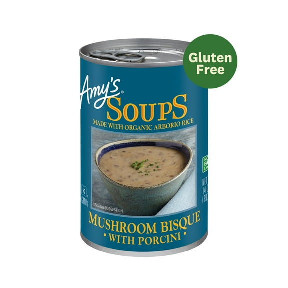Amys Soup, Mushroom Bisque with Porcini Soup, Gluten Free, Made With Organic Arborio Rice, Canned Soup, 14 Oz