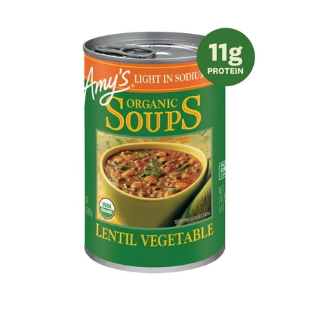 Amy’s Soup, Organic Light in Sodium Lentil Vegetable Soup, Made With Organic Vegetables, Canned Soup, 14.5 Oz