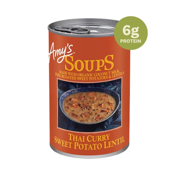 Amy’s Soup, Plant-Based Thai Curry Sweet Potato Lentil Soup, Gluten Free, Made With Organic Lentils and Sweet Potatoes, Canned Soup, 14.1 Oz