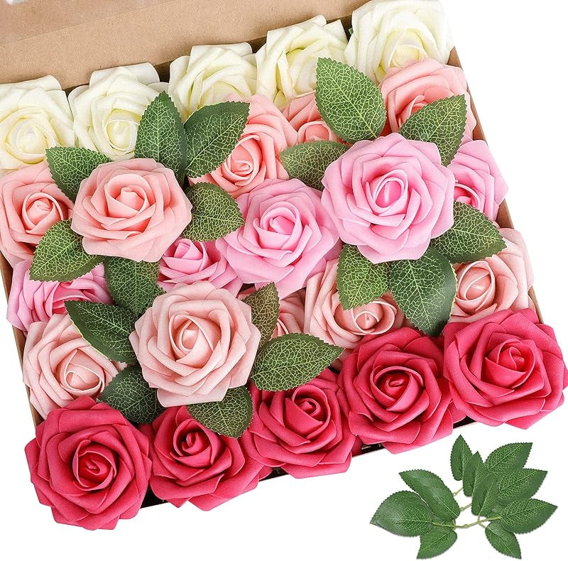 AmyHomie Artificial Flower Dark Red Rose 25pcs Real Looking Fake Roses ...