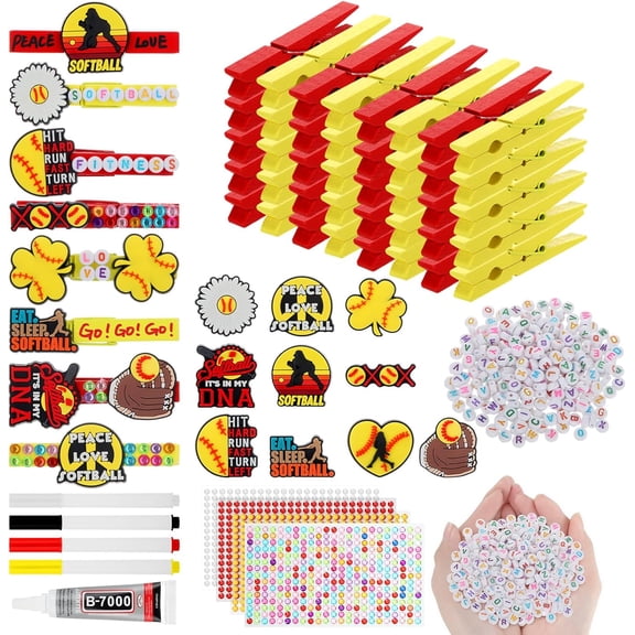 Amyhill 60 Sets Softball Cheer Pins Wooden DIY Spirit Clips Clothes Pins with 260 Alphabet Beads 4 Rhinestone Stickers 4 Markers 9 ml Glue 60 Softball Stickers for Cheerleaders Gifts Backpacks Decor