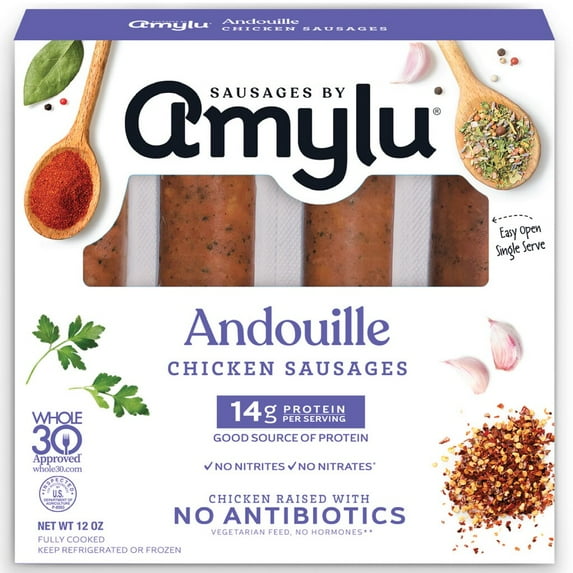 Amylu Foods Andouille Chicken Sausages, 12oz, 4 Count, Refrigerated