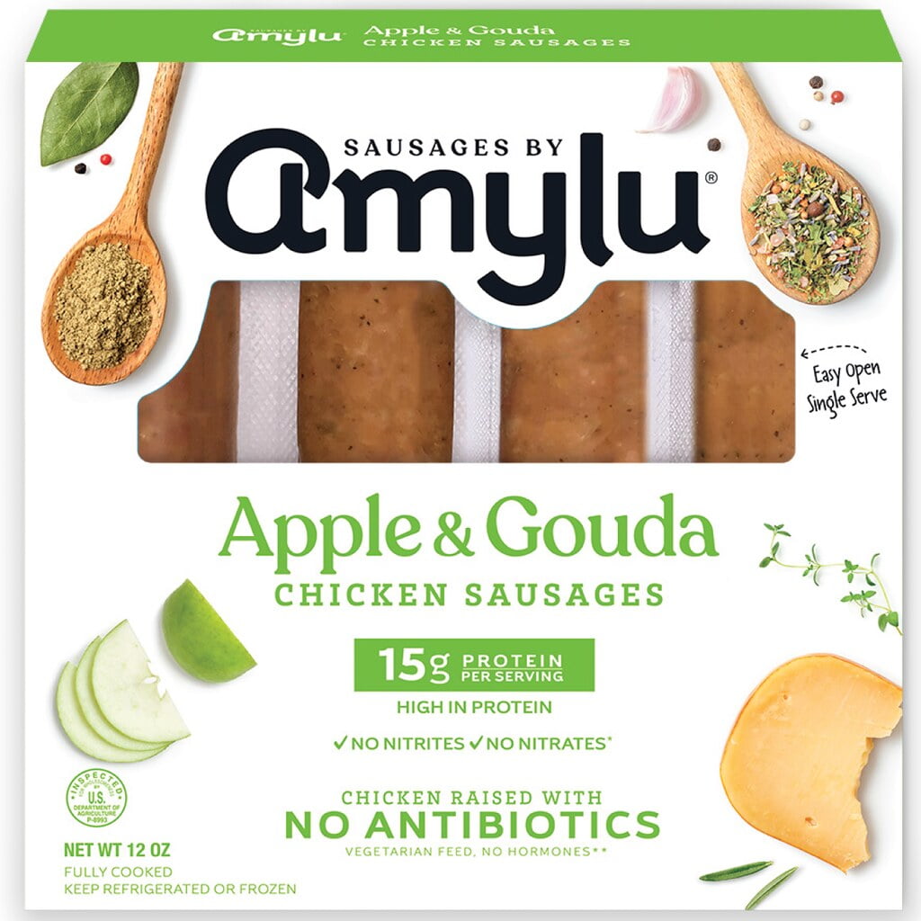 Amylu Foods Apple & Gouda Chicken Sausages, 12oz
