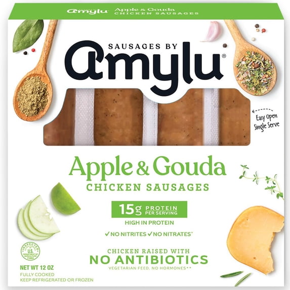Amylu Foods Apple & Gouda Chicken Sausages, 12oz, 4 Count, Refrigerated