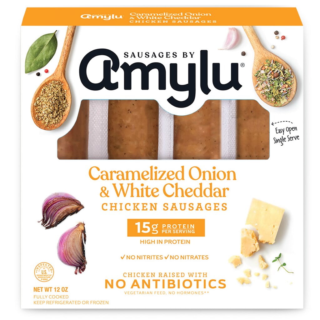 Amylu Foods Caramelized Onion & White Cheddar Chicken Sausages, 12oz