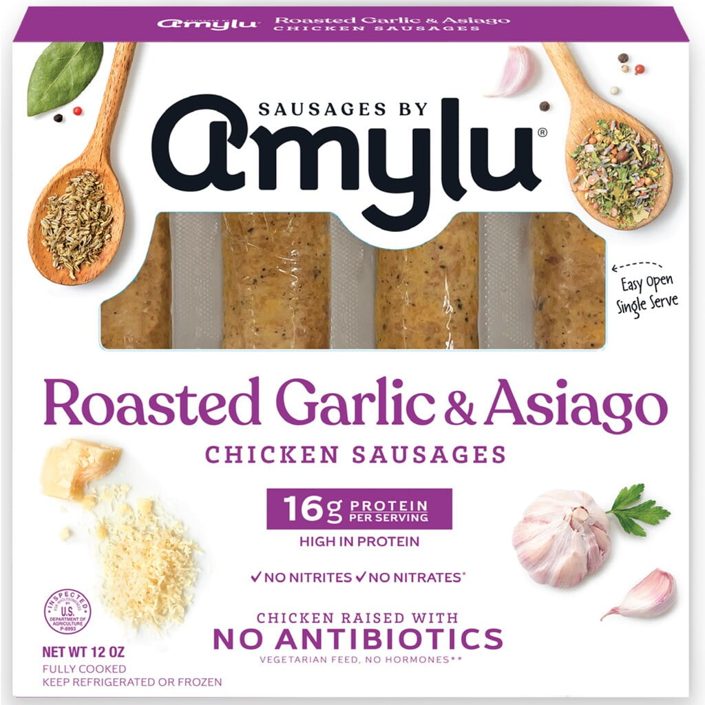 Amylu Foods Roasted Garlic & Asiago Chicken Sausages, 12oz