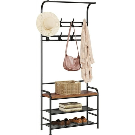 Amyove Coat Rack Shoe Bench, 3-in-1 Hall Tree Shoe Rack for Entryway, 3-Tier Storage Shelf and 8 Hooks Removable, Industrial Accent Furniture with Steel Frame, Multifunctional Hallway Organizer
