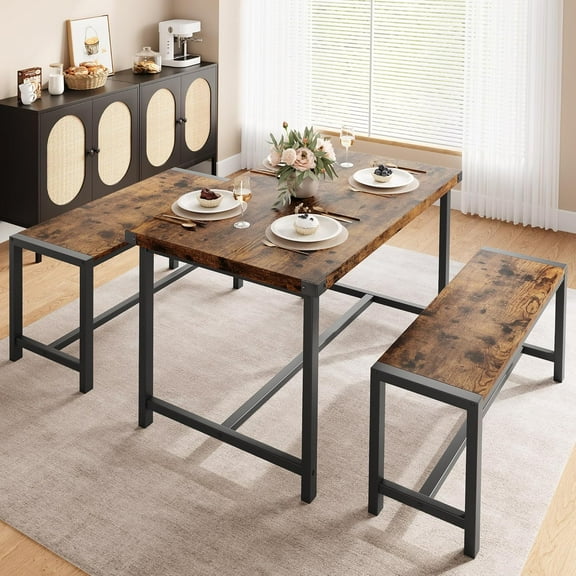 Amyove Dining Table Set for 4, Kitchen Table Set with 2 Metal and Wood Benches, Rectangular Dining Room Table Set for Small Space, Apartment, Home, Retro Brown