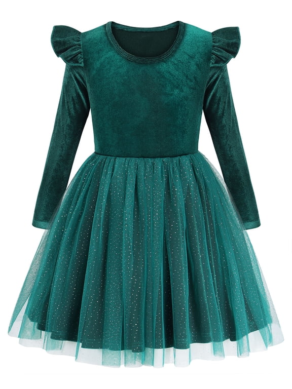 Girls Christmas Dress Velvet Flutter Long Sleeve Tulle Sequin Dresses For Wedding Party Fall Winter Outfits 5-6X Green