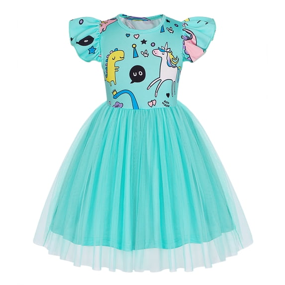 AmzBarley Girls Dinosaur Unicorn Flutter Sleeve Tulle Dress, Cartoon Print Casual Summer Princess Tutu Dress for Little Girls 2-3T