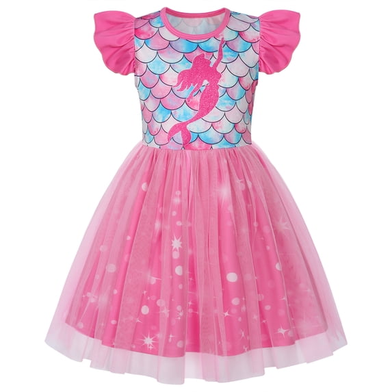 AmzBarley Girls Glitter Mermaid Silhouette Flutter Sleeve Tulle Dress, Scale Print Casual Princess Tutu Dress for Little Girls 2-3T