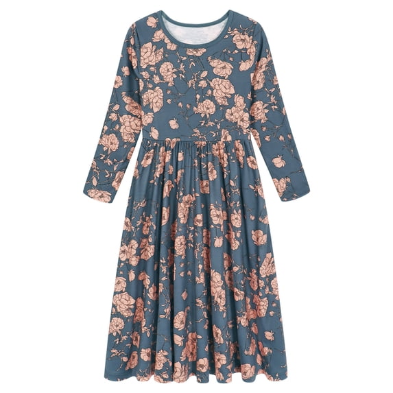 AmzBarley Girls Maxi Dress Long Sleeve Floral Casual Dresses 8-9 Years Gray Print