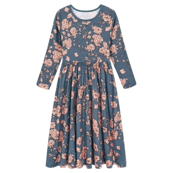 AmzBarley Girls Maxi Dress Long Sleeve Floral Casual Dresses 9-10 Years Gray Print