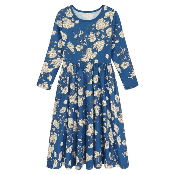 AmzBarley Girls Maxi Dress Long Sleeve Floral Casual Dresses 9-10 Years Navy Print