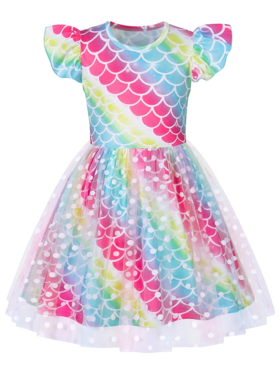 Girls Rainbow Mermaid Scale Flutter Sleeve Tulle Dress, Colorful Print Casual Princess Tutu Dress for Toddler Girls 7-8 Years