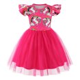 thumbnail image 1 of AmzBarley Girls Rainbow Unicorn Flutter Sleeve Tulle Dress, Cute Cartoon Print Round Neck Casual Princess Tutu Dress for Girls 5-6 Years, 1 of 7