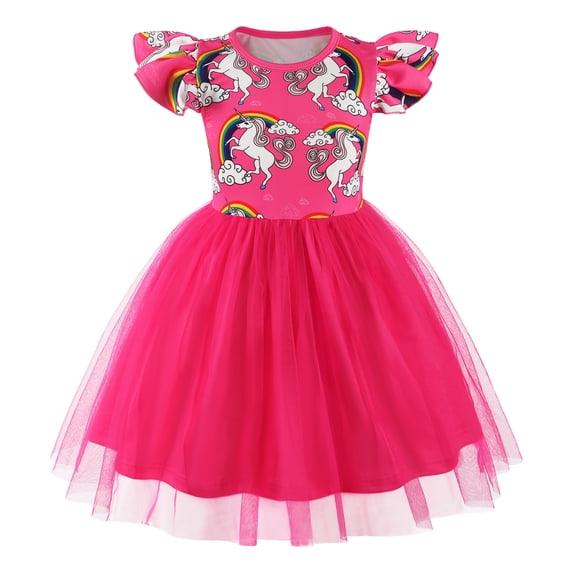 AmzBarley Girls Rainbow Unicorn Flutter Sleeve Tulle Dress, Cute Cartoon Print Round Neck Casual Princess Tutu Dress for Girls 5-6 Years