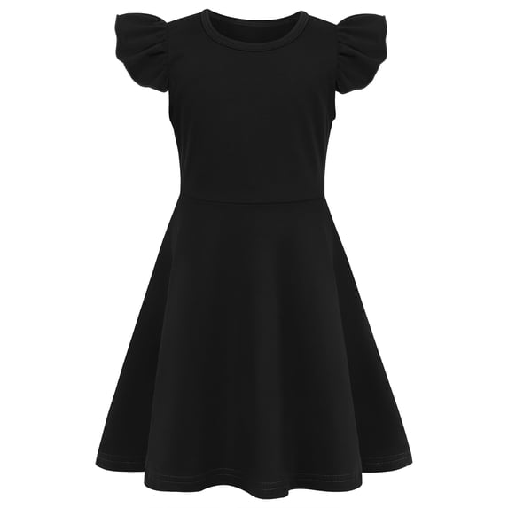 AmzBarley Girls Spring Summer Flutter Ruffle Sleeve Dress, Solid Black Swing Dress for Toddler 3T