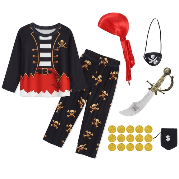 AmzBarley Halloween Pirate Costume for Kids, Boys Pirate Costume with Accessories Cosplay Dress up Outfits Sets 4T Black