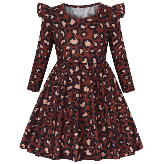 AmzBarley Kids Ruffle Shoulder Twirl Dress, Girls Long Sleeve Brown Leopard Print A‑Line Casual Dress 9-10 Years