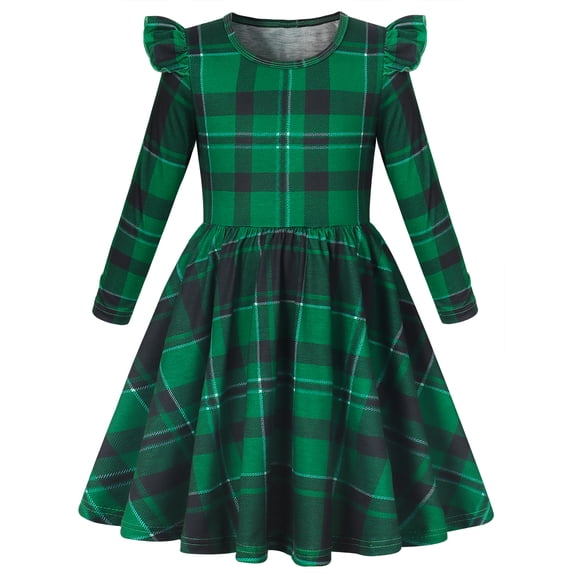 AmzBarley Little Girls Ruffle Long Sleeve Dress, Green Black Buffalo Plaid Swing Casual Party Dress for Kids 7-8 Years