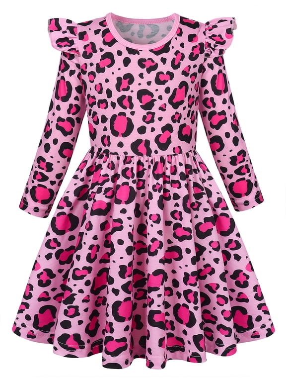 Little Girls Ruffle Long‑Sleeve Dress, Pink Leopard Print Swing Casual Party Dress for Kids 6-7 Years