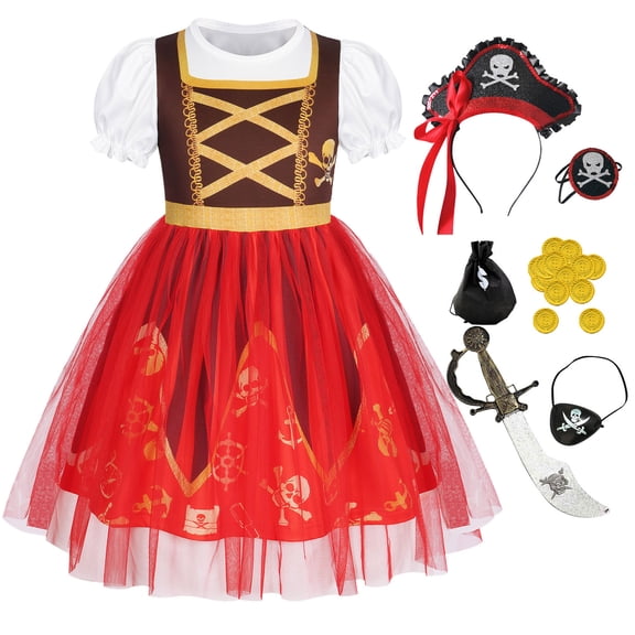 AmzBarley Pirate Dress for Girls Pirate Costume with Accessories Kids Halloween Cosplay Outfits Buccaneer Dress up 2T Red