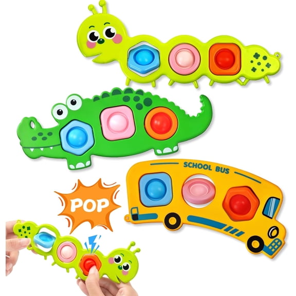 AmzDoer Fidget Popper Sensory Toys, 3PC Caterpillar/Bus/Crocodile Pop it Fidget Toys Airplane Travel Toys for Toddlers 1-3 Year Girls Boys