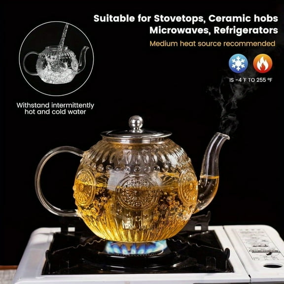 Amzcku 50OZ/1500ml Vintage Glass Teapot with Removable Infuser - Stovetop Safe Borosilicate Tea Kettle, Elegant Floral Design, Durable & Easy-Clean