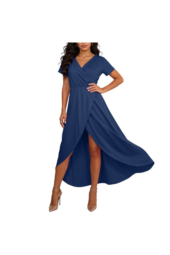2026 PLus Size Dresses Women's Solid Color V-Neck Wrap Maxi Dress with Wrap Front Slit Short Sleeve Flowy High Low long Sleeve Maxi Dress for Women Party Daliy 02Navy 3XL