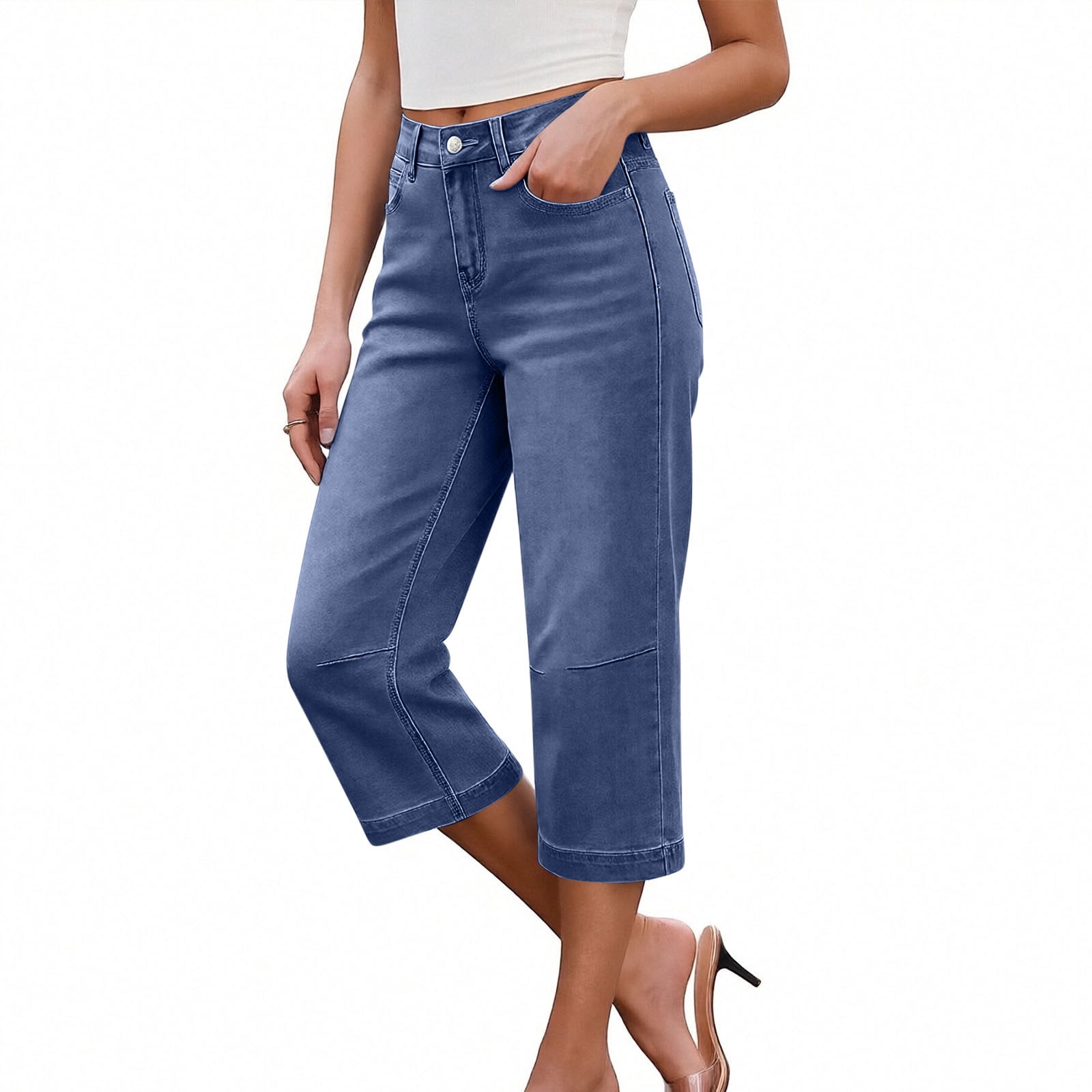 Amzcrzy 2026 Summer Capri Jeans for Women Solid Color Straight Leg ...